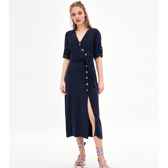 ZARA - TRF Elegant Navy Button-Down Dress - Picture 1 of 7